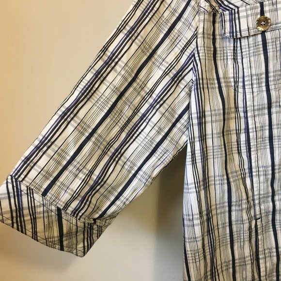 Plaid Seersucker White, Blue, Black and Metallic Silver Button Down Shirt - Picture 5 of 11